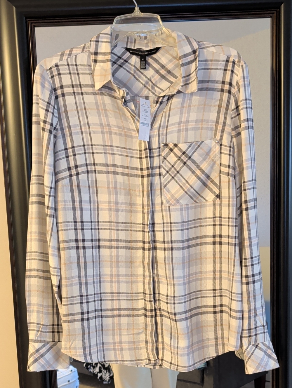White House Black Market  Beige Plaid Button-Up Shirt